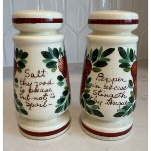 Vintage Bauer Pottery Salt & Pepper Shaker Hand Painted Strawberry & Leaf Quotes